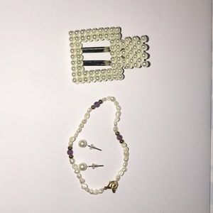 Set of faux pearl earrings, hair clip and bracelet